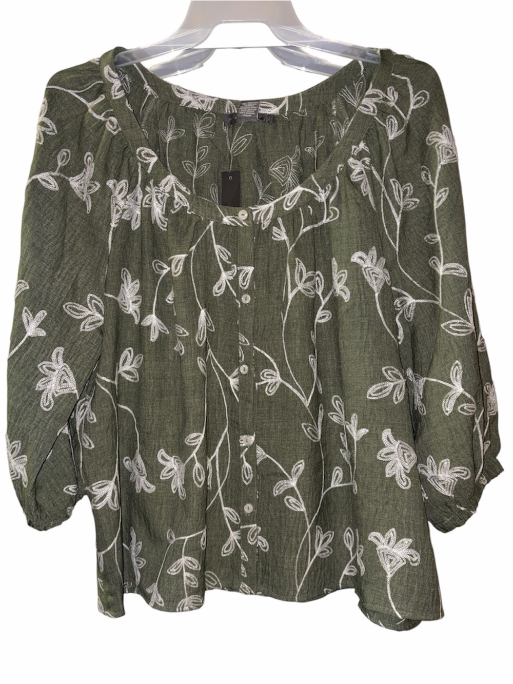 Olivia & Martin Embroidered Floral Blouse 2X Olive Green NWT - Picture 2 of 8